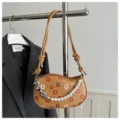 Petit sac bandoulière croissant motif lèvres chaîne cœur métal perles mode femme - Kaki