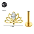 Nahaufnahme von Titan Lotus Piercing Schmuck, mit Zirkonia Stein und genauen Maßen. - Nur Oberteil (Ohne Stab) / Gold Weiß
