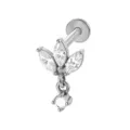 Roestvrijstalen piercing knop met schitterende zirkonia stenen en prachtige hangende charm. - 1,2x6 mm / Draad M1,0 / Zilver Wit