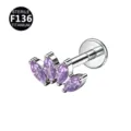 F136 Titanium Marquise Cubic Zirconia Labret Stud Cartilage Body Piercing Jewelry - 1.2x6mm Bar / Silver Purple