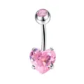 Pink Heart Cubic Zirconia Belly Button Ring Stainless Steel Navel Piercing Jewelry - 1.6x10mm / Silver-Tone Pink with Crystal