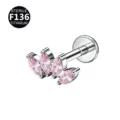 F136 titanium labret stud body piercing jewelry featuring pink marquise zirconia stones. - Silver Pink