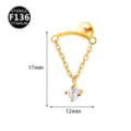 F136 Titan Piercing Labret Stecker mit feiner Kette und funkelndem Zirkon Stein, Größe 17x12mm - Runder Anhänger / 1.2*6mm / Gold