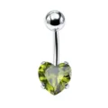 Piercing ombelico in acciaio inossidabile con zircone verde a forma di cuore gioiello. - 1.6x10mm / Argento Verde Oliva