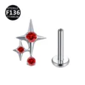 Dettaglio piercing in titanio con design a stella spinosa, zircone rosso e barra filettata. - Stile Doppia Stella Spinosa / Solo Parte Superiore (Senza Barra) / Argento Rosso
