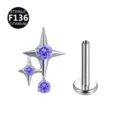 Gioiello piercing stella in titanio F136 con zircone viola e filettatura interna. - Stile a Doppia Stella / Solo Parte Superiore (Senza Barra) / Viola argento