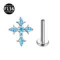 Gioiello per piercing labret croce spina in titanio con zircone cubico blu scintillante. - Croce di spine / Solo Parte Superiore (Senza Barra) / Blu Mare Argento