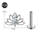 F136 Titan Lotus Piercing Schmuck Set mit Zirkonia Flachruecken Labret Stift Stecker. - Nur Oberteil (Ohne Stab) / Silber Weiß
