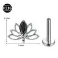 Titan Lotus Piercing Lippenstecker Lippenpiercing mit schwarzem Zirkon 9,4x6,7mm - Nur Oberteil (Ohne Stab) / Silber Schwarz