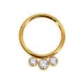 Anello per piercing al naso dorato con cerniera e tre cristalli di zirconia cubica. - 1.2x6mm / Oro Bianco