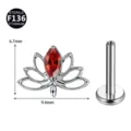 F136 Titan hohler Lotus Piercing Schmuck mit rotem Kristall fur Ohr Lippe interner Steg. - Nur Oberteil (Ohne Stab) / Silber Rot