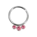 Anello segmentato in acciaio inox con tre cristalli rosa, gioiello piercing da 1.2mm. - 1.2x6mm / Argento Rosa