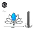 F136 Titan Lotus Blume Labret Stecker Piercing Schmuck mit blauem synthetischem Opal. - Nur Kopfteil (ohne Stab) / Silber (Blauer Künstlicher Opal)