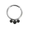 Stainless steel hinged segment ring with three black stones for stylish piercing. - Silver Black