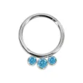 Stainless steel clicker piercing ring with three light blue stones for nose and ear use. - Silver Sea Blue