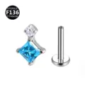 Titanium Piercing Detailansicht mit internem Gewinde und blauem Zirkonsteinen für Lippe. - Nur Kopf / Kleine quadratische Strasssteine Silber See-Blau