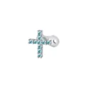 Stainless steel cross microdermal piercing top with blue zirconia details, close-up view. - Cross Silver Light Blue / 1.6x2.5mm (Tooth M1.2)