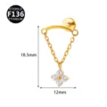 F136 Titan Labret Piercing Ohrring mit filigraner Kette und Kleeblatt Zirkonia Anhänger. - Blumenanhänger / 1.2*6mm / Gold