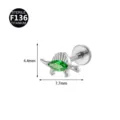 Titanium dinosaur piercing labret stud with green cubic zirconia, size 4.4x7.7mm for body art. - Dinosaur Style (Style 4) / 1.2x6mm Thread M0.9 / Silver