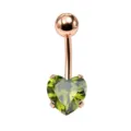 Piercing per ombelico in acciaio inox con zircone a cuore verde, gioiello oro rosa. - 1.6x10mm / Placcato Oro Rosa Zirconia Verde Oliva