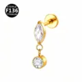 Χρυσό piercing labret από F136 τιτάνιο με ζιργκόν marquise και στρογγυλό κρεμαστό κόσμημα. - Μόνο κεφαλή (χωρίς μπάρα) / Χρυσό Λευκό