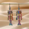 Unique iridescent rainbow skeleton mermaid earrings for dark Halloween style metal jewelry set - Colorful