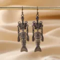 Dark style skeleton mermaid earrings in gunmetal grey alloy for Halloween - Black