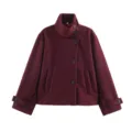 Front view of a burgundy wool jacket featuring a high stand-up collar and black buttons - XS / Tops / Burgundy