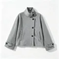 Grey short wool coat with stand-up collar and single-breasted black buttons detail - XS / Tops / Light Gray