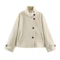 Chic beige wool coat featuring stand collar and single-breasted buttons in variant view - XS / Tops / Light Rice