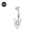 Elegante piercing para ombligo de escorpión en titanio con circonita cúbica brillante. - 1.6x10mm / Plata Escorpio