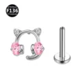 Titanium Katzenohr Labret Piercing Schmuck mit rosa Zirkonia für Knorpel und Lippe. - Nur Kopfteil (Ohne Stecker) / Gaming-Katze Silberrosa
