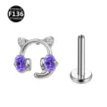 F136 Titan E-Sport Katze Piercing Schmuck mit Lila Zirkon Labret Stecker Ring - Nur Kopfteil (Ohne Stecker) / Gaming-Katze Silberlila