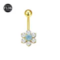 Piercing para ombligo de titanio dorado con circonitas cúbicas azules y blancas de flor - 1.6x10mm / Flor dorada y azul claro