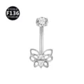 Elegante piercing para ombligo de titanio con dije de mariposa de circonita brillante. - 1.6x10mm / Mariposa marquesa plata