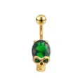 Piercing de ombligo de acero inoxidable dorado con craneo de cristal verde joya - 1,6*11 mm / Calavera Verde Dorada