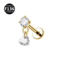 Gold titanium labret piercing stud with clear cubic zirconia round top and dangling heart charm. - Head Only (Without Post) / Heart Pendant Gold