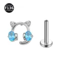 Titan F136 Katzenohr Labret Piercing Schmuck mit blauen Zirkonia Knorpel Ohrring. - Nur Kopfteil (ohne Stab) / Gaming-Katze Silberrauchblau