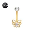 Piercing de ombligo de mariposa de titanio F136 con circonita cúbica brillante. - 1.6x10mm / Mariposa marquesa dorado