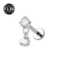 Titanium labret piercing stud featuring a round cubic zirconia and a cute hanging heart pendant. - Head Only (Without Post) / Heart Pendant in Silver
