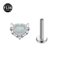 F136 Titan Piercing Labret Stecker mit Opal Herz und glänzenden Zirkonia Steinen. - Nur Oberteil (Ohne Stab) / Herz OP17