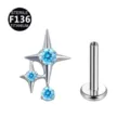 Titanium doppio stella labret perno, zircone blu piercing gioiello variante, F136 corpo - Stile a Doppia Stella / Solo Parte Superiore (Senza Barra) / Blu Acqua