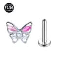 Titanium Schmetterling Labret Piercing mit rosa und weissen Zirkoniaensteinen fuer Ohr. - 1.2x6mm Gewinde M0.9 / Schmetterling Rosa + Rosenrosa + Weiß