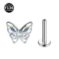 Titanium Schmetterling Labret Piercing mit bunten Zirkonia Steinen, internes Gewinde. - Schmetterling Silber AB