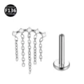 F136 Titan Piercing Schmuck Labret Stecker mit Zirkon Steinen und Quasten Kette elegant neu - Kette Silberweiß