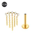 F136 Titan Piercing Schmuck mit hängenden Ketten Zirkonia Oberteil und flachem Rückseitenstab. - Kette Goldweiß