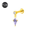 F136 Titan Labret Piercing Stecker mit klarem Zirkonia und lila kantenförmigem Anhänger. - Gold Farbverlauf Blau