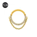 Titanium double chain piercing earring with cubic zirconia, stylish gold cartilage clicker hoop. - Single Chain Front Rhinestone Gold