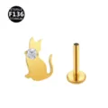 Titan Katze Knorpel Piercing Ohrring mit klarem Zirkonia Gewinde flache Rueckseite Stecker - Nur Kopfteil (ohne Stab) / Katze Gold
