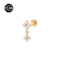 Elegante Piercing Labret in Titanio F136 con Ciondolo a Fiore e Zirconia Bijoux - 1.2x6mm Filetto M0.9 / Oro Due Fiori Strass Bianco